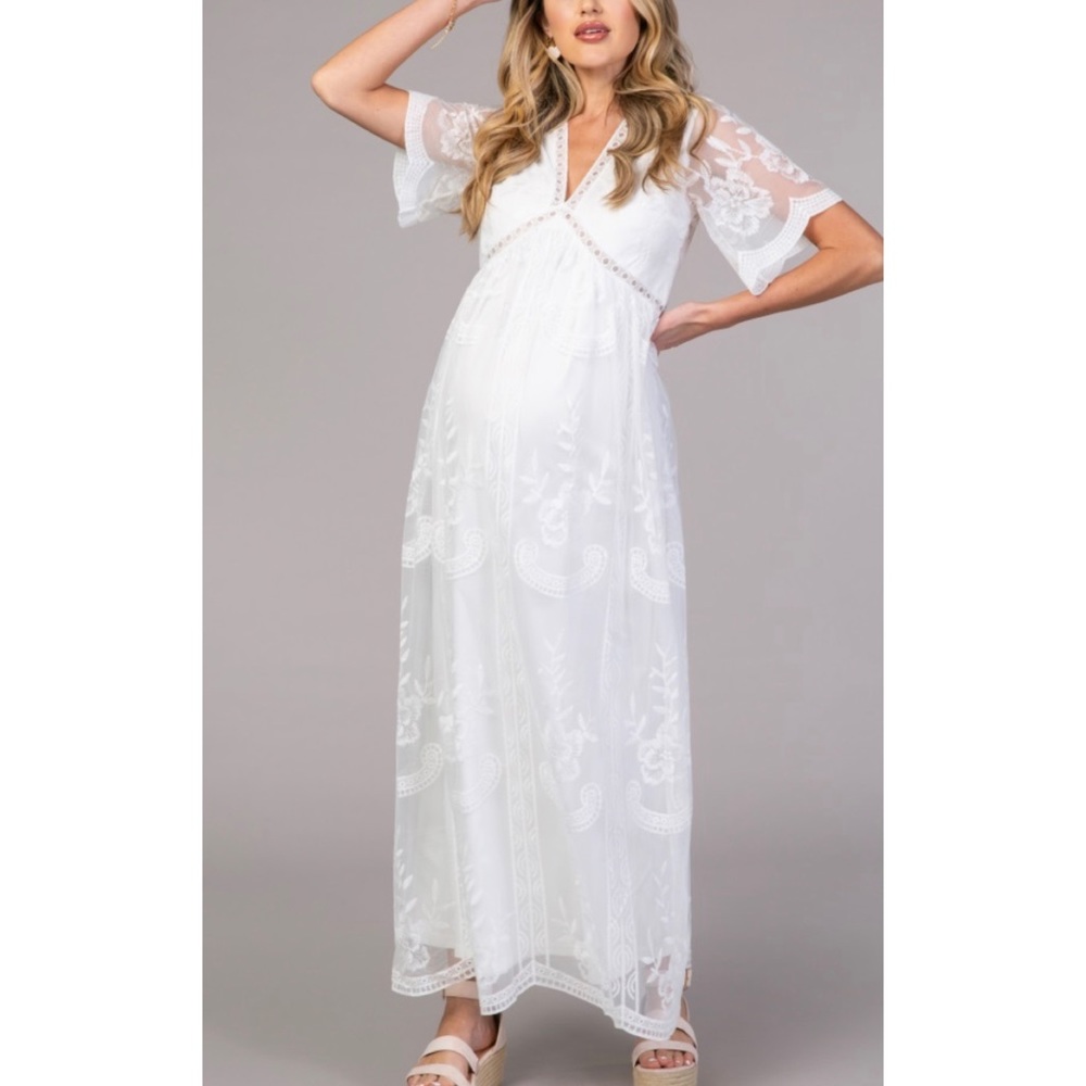 PinkBlush White Lace Mesh Overlay Maternity Maxi